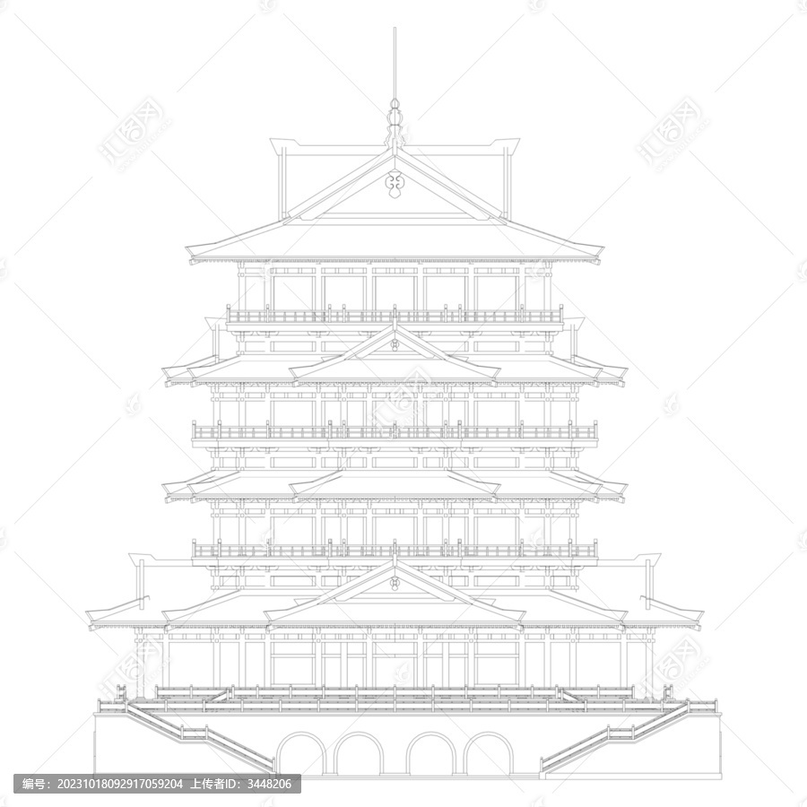 秦漢閣樓正立面線稿