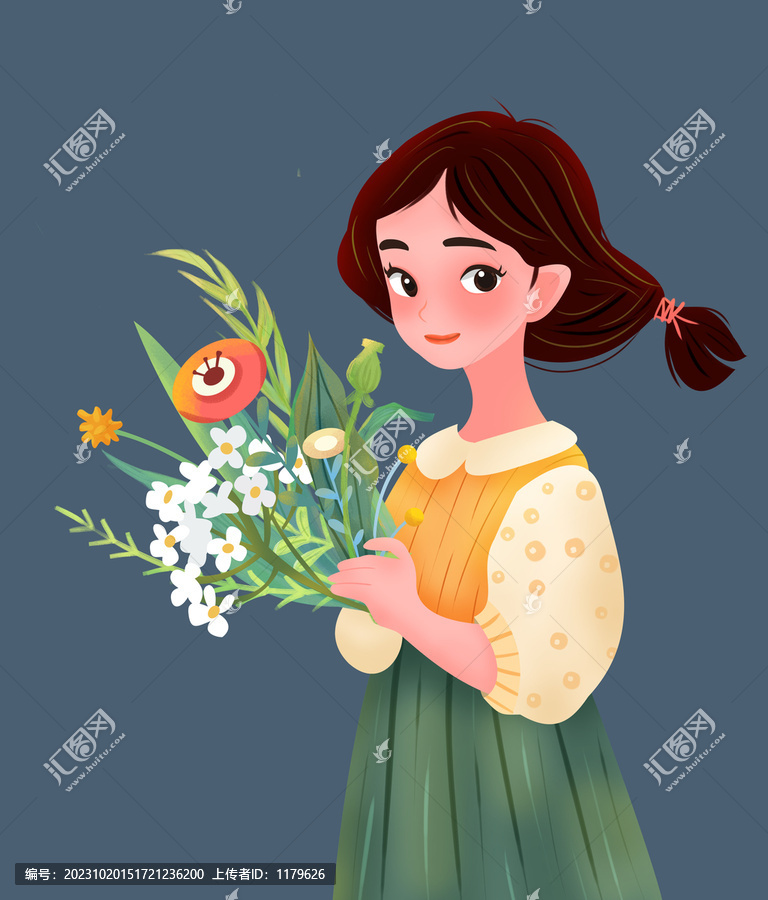 手捧花文藝女孩插畫