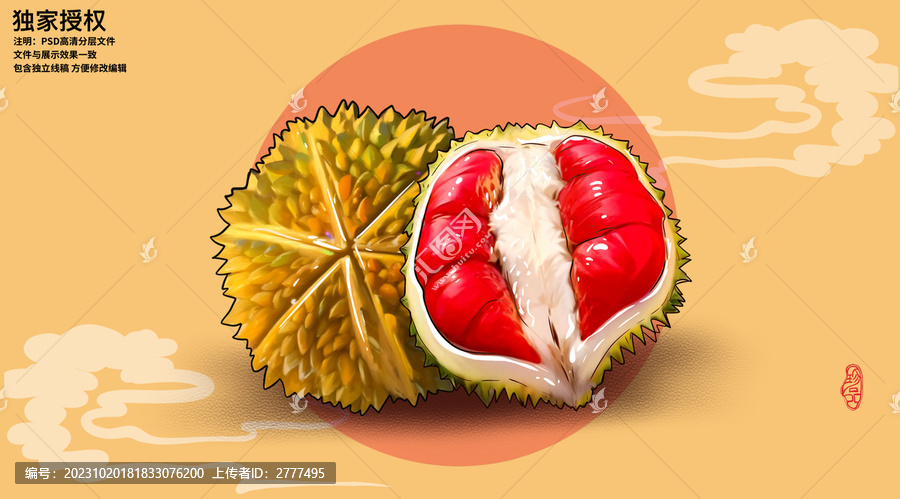 手繪紅肉榴蓮插畫