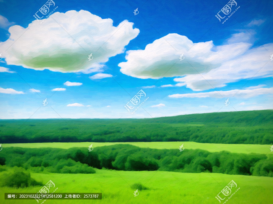 油畫藍天白云森林草地
