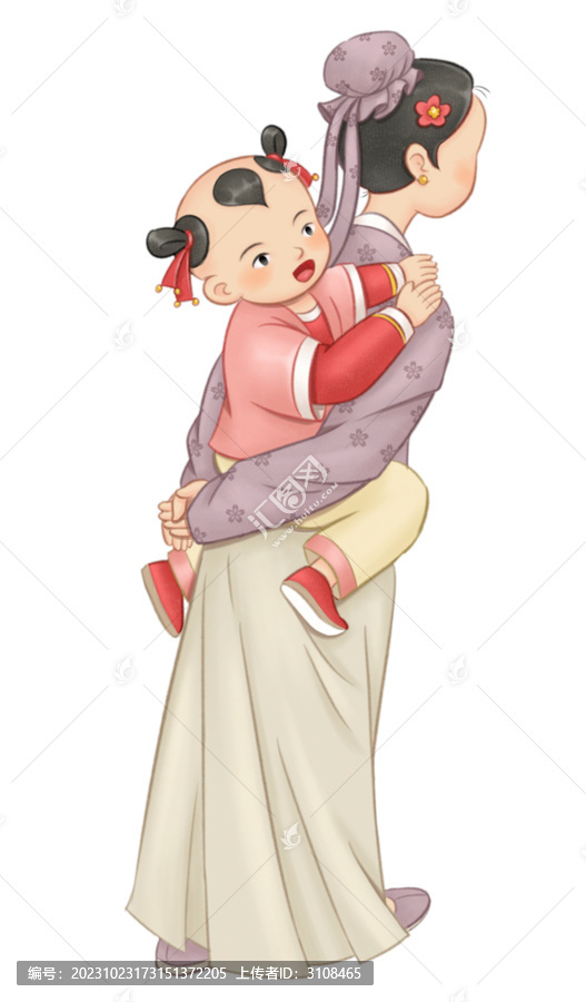 一個母親背著一個小女娃