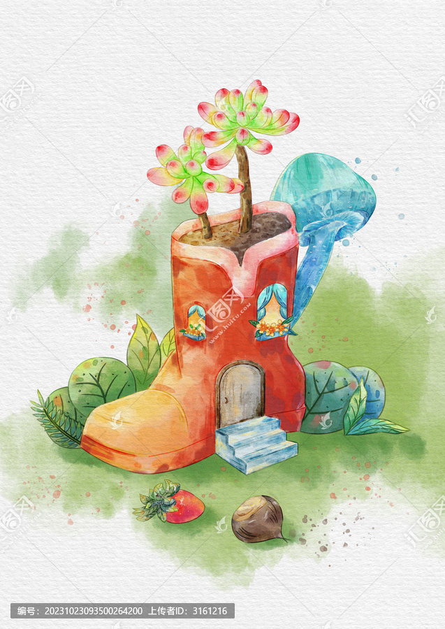 水彩插畫手繪植物小場景