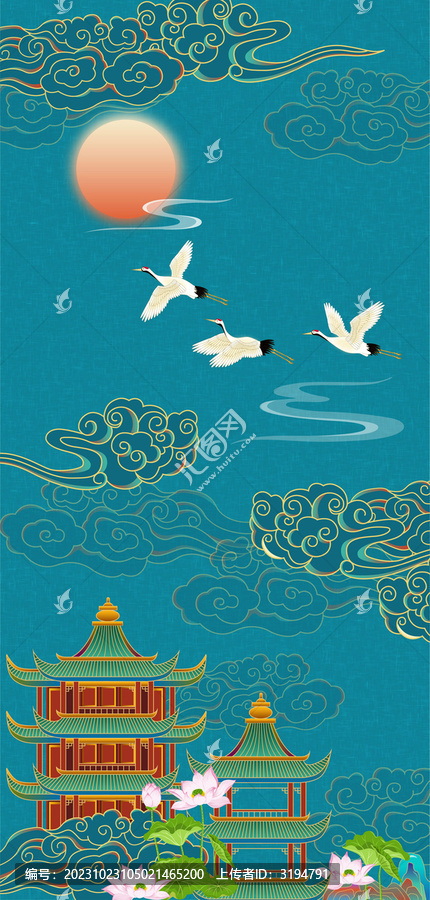 古風(fēng)樓閣山水玄關(guān)屏風(fēng)插畫