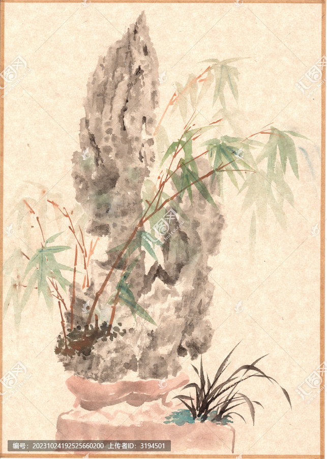 手繪掃描高清太湖石竹圖