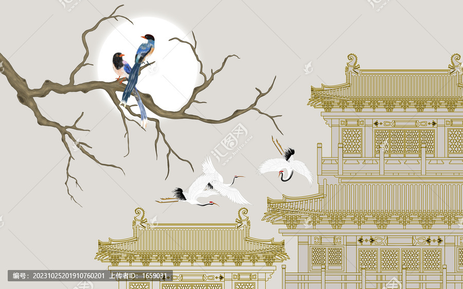 樓閣描金瑞鶴圖