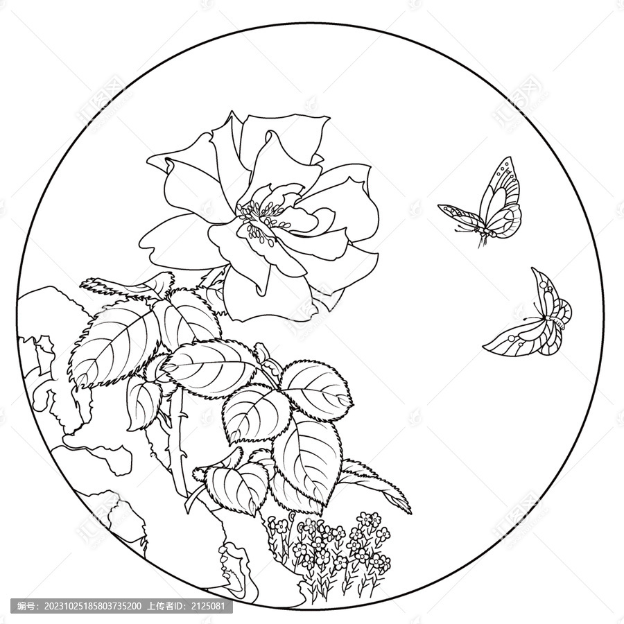 玫瑰蝴蝶國潮矢量手繪白描線稿