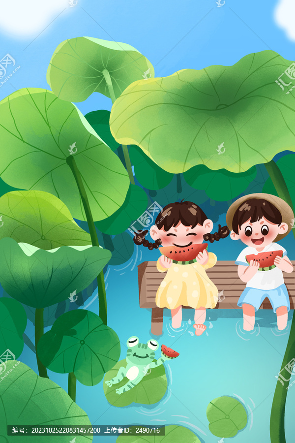 二十四節(jié)氣荷葉下孩童嬉戲