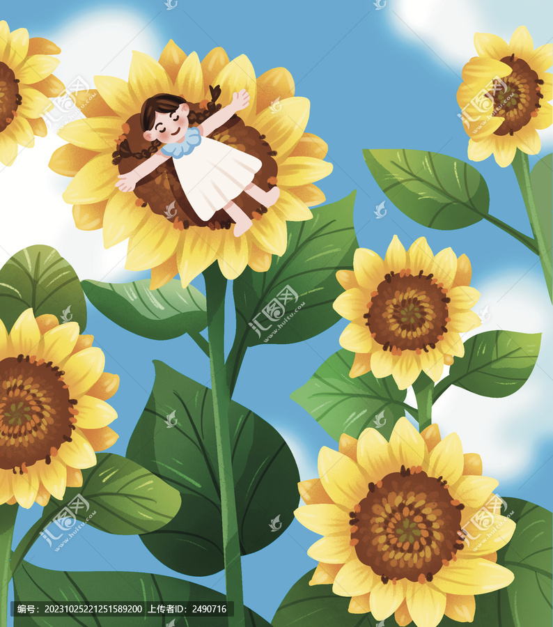 小清新向日葵與小女孩插畫