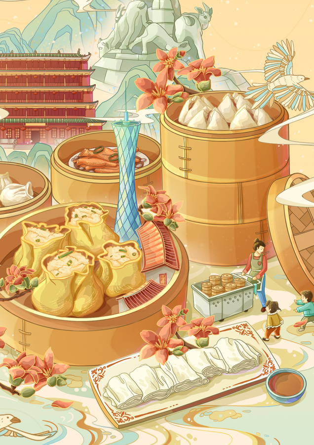 早茶美食國潮插畫