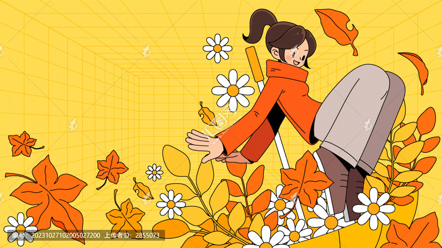 矢量插畫傘植物和女孩橫屏