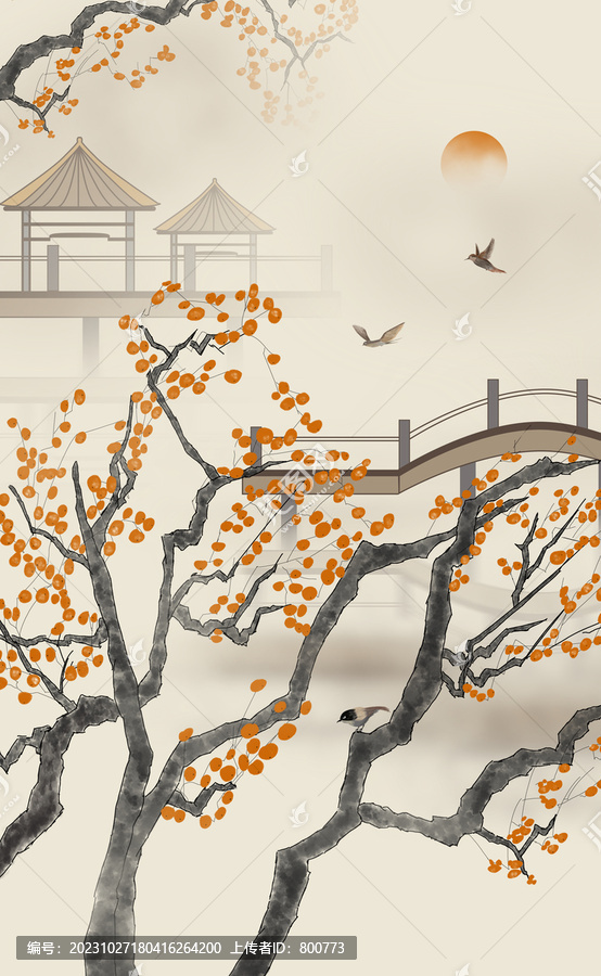 江南古風(fēng)柿子樹(shù)拱橋