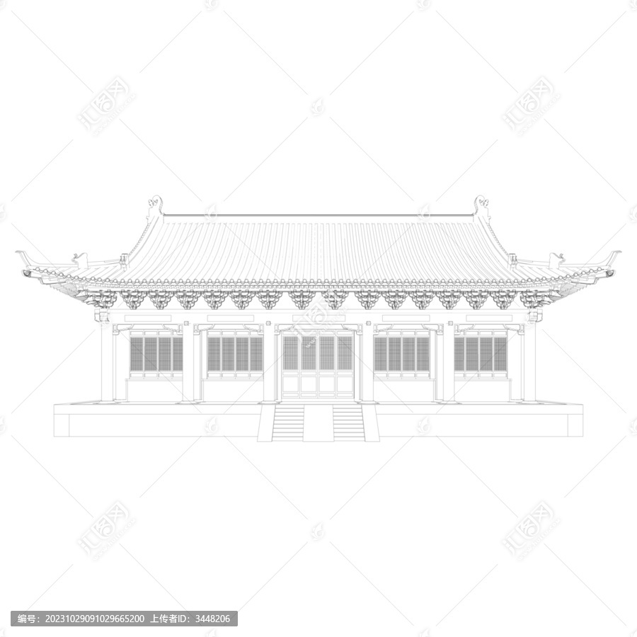 彩繪單檐歇山立面線稿
