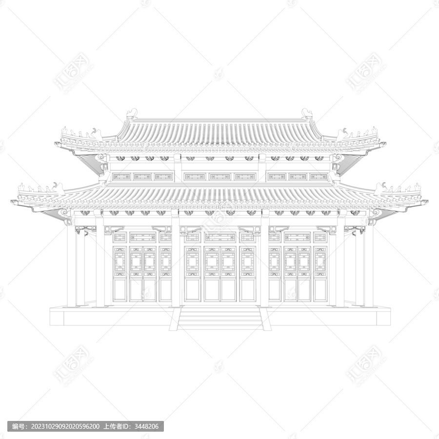 彩繪重檐歇山立面線稿