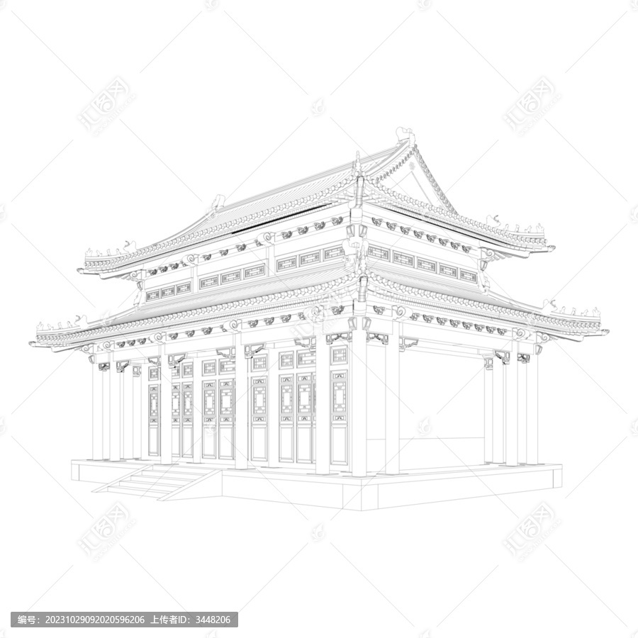 彩繪重檐歇山軸測線稿