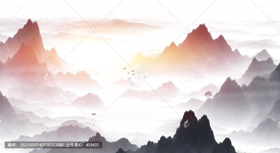 山重疊影水墨山水裝飾畫