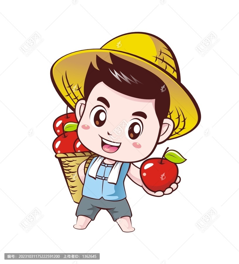 卡通可愛小農夫拿蘋果
