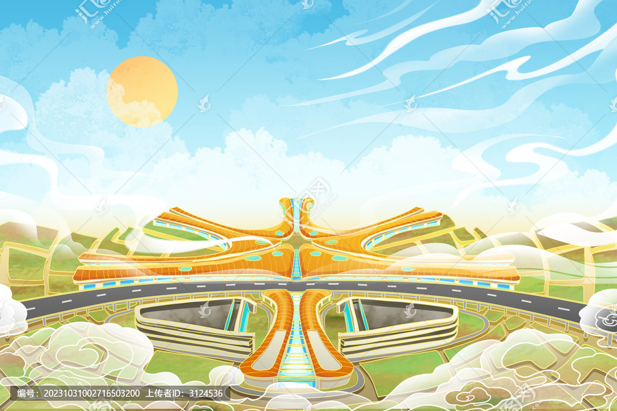 北京現(xiàn)代建筑地標(biāo)插畫大興機場