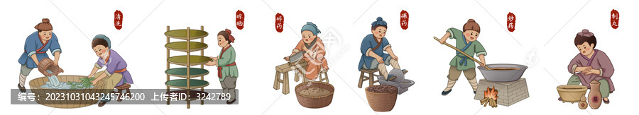 手繪古代人物中醫(yī)制藥流程插畫