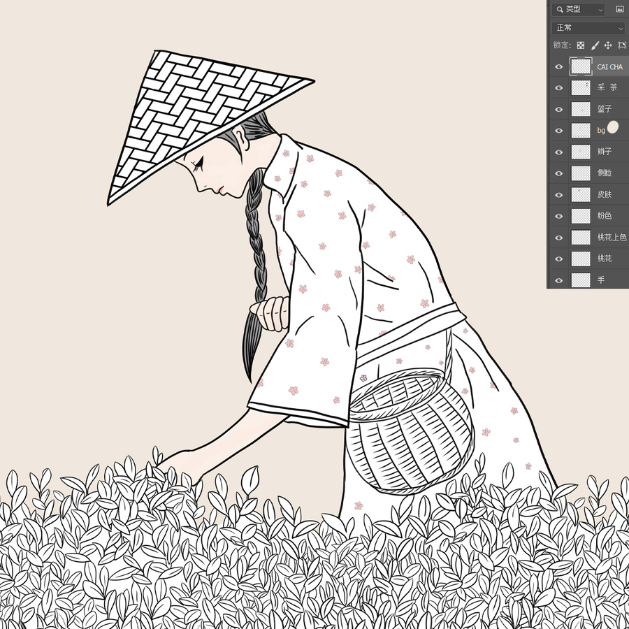 傳統(tǒng)制茶工藝插畫(huà)之采茶線稿