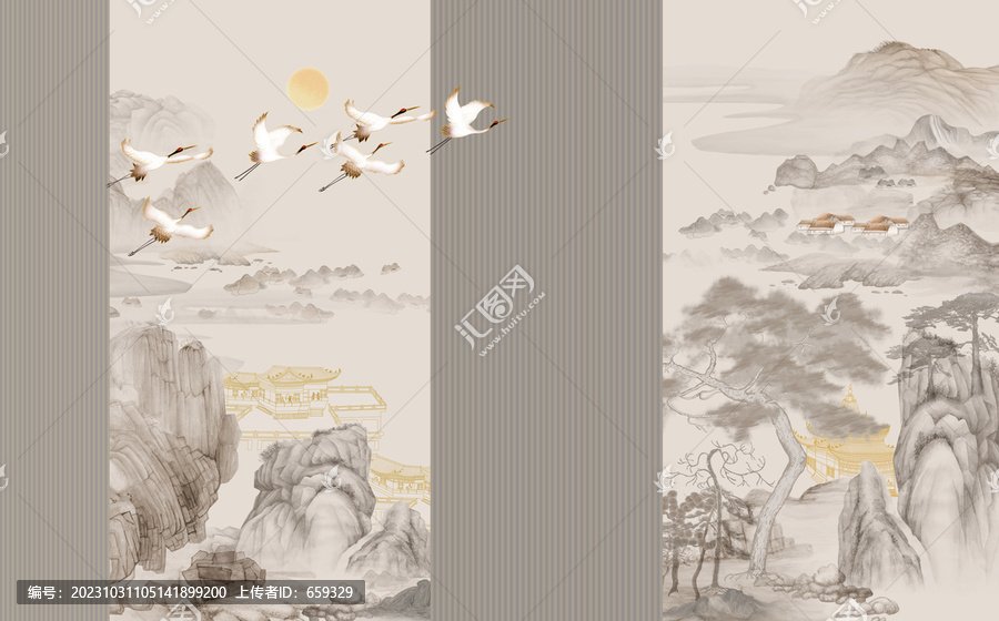 高端山水閣樓中式背景墻