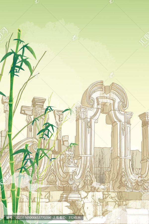 北京地標(biāo)古建筑國風(fēng)插畫圓明園