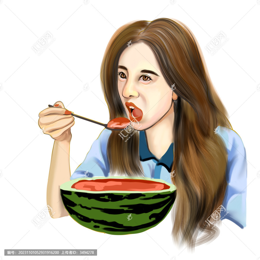 吃西瓜女孩插畫