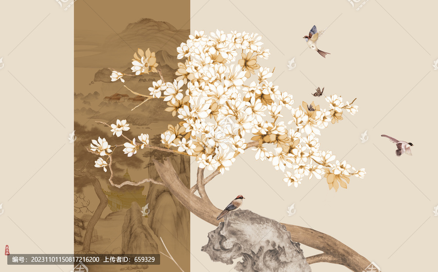 高端新中式花鳥背景墻