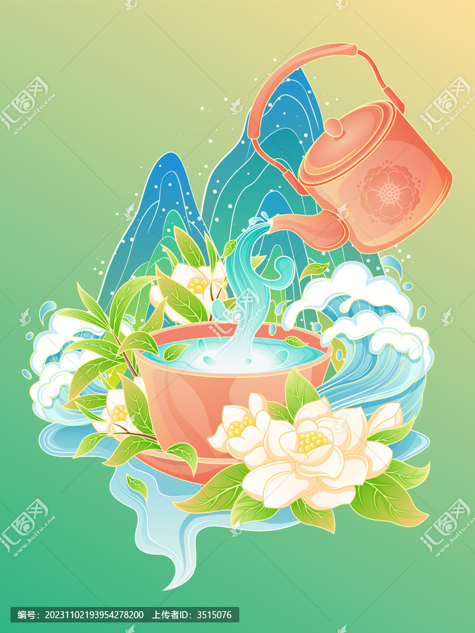 中國風(fēng)茉綠花茶包裝插畫