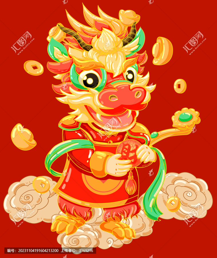 龍年中國風(fēng)插畫發(fā)財門神紅包