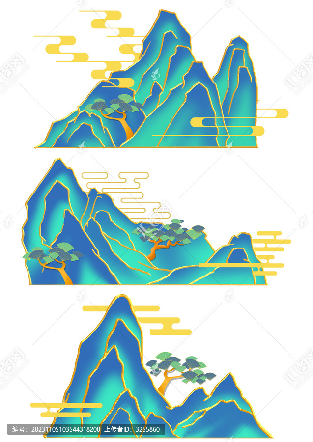 金线山水手绘中国风国潮风山体