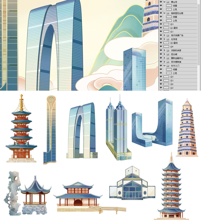 蘇州地標城市建筑插畫