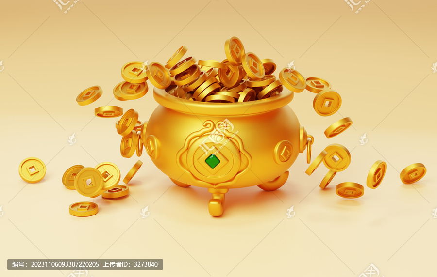 新年喜慶聚寶盆金幣新春3D