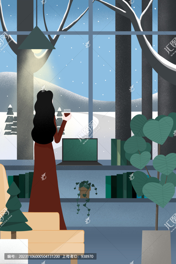 冬季女士在家中喝著紅酒看雪