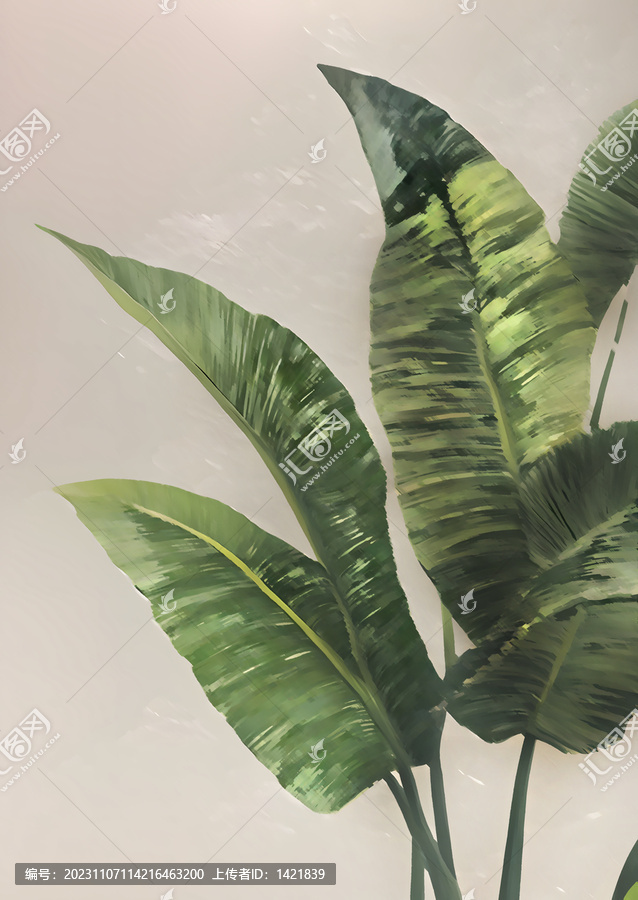 純手繪玄關(guān)走廊芭蕉葉肌理掛畫
