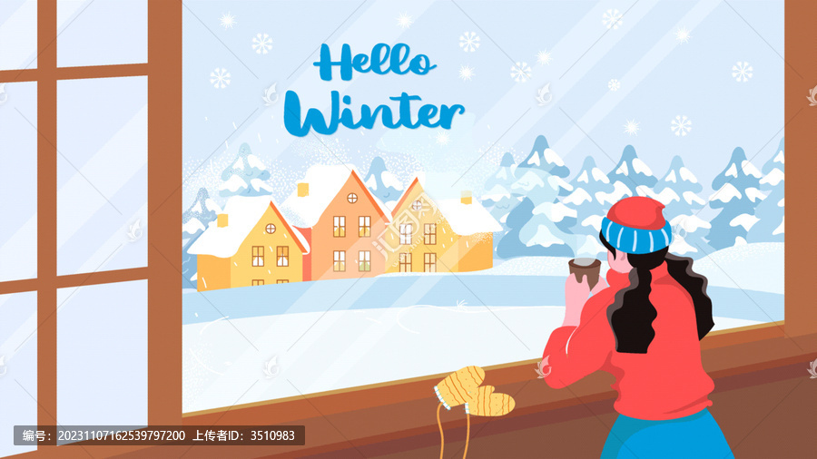 你好冬天女孩看雪插畫
