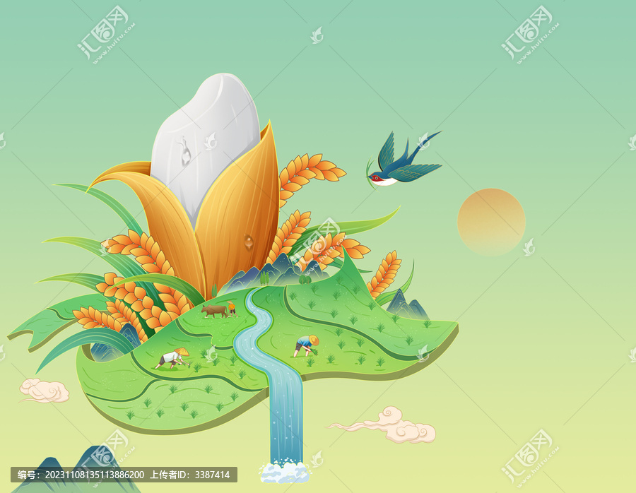國(guó)風(fēng)創(chuàng)意農(nóng)田大米手繪插畫(huà)