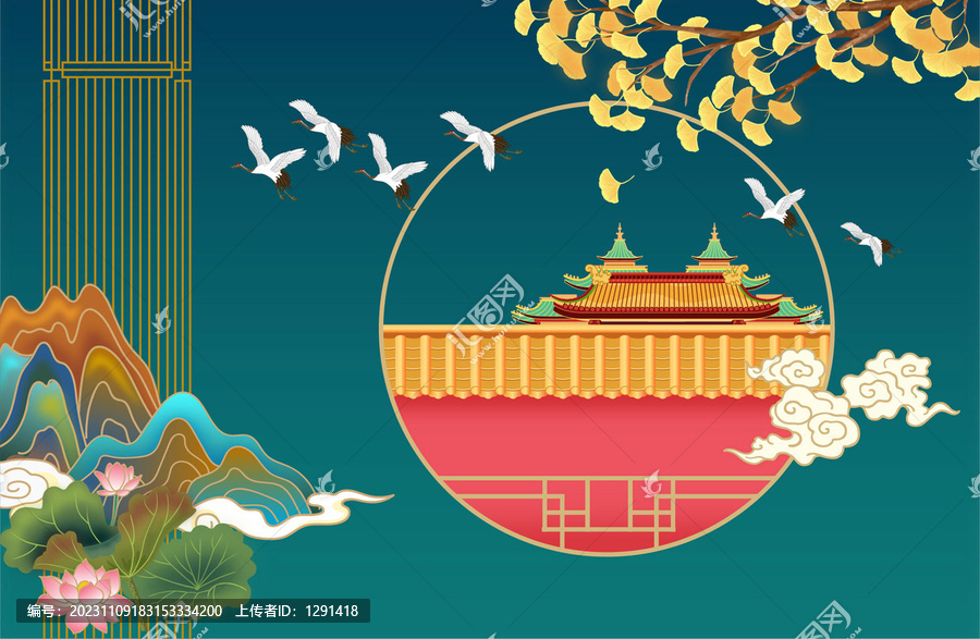 國潮山水樓閣創(chuàng)意插畫
