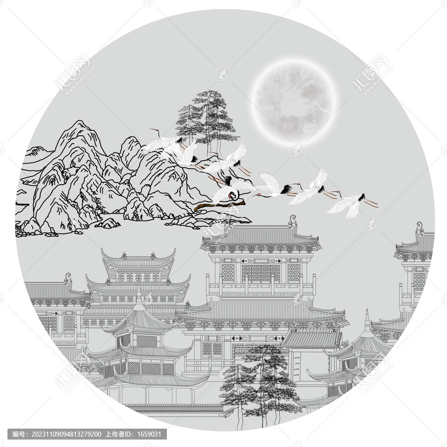 線(xiàn)描閣樓山水