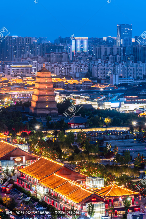 中国西安大雁塔文化休闲景区夜景