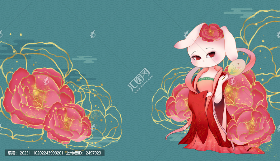 兔子仕女圖橫幅
