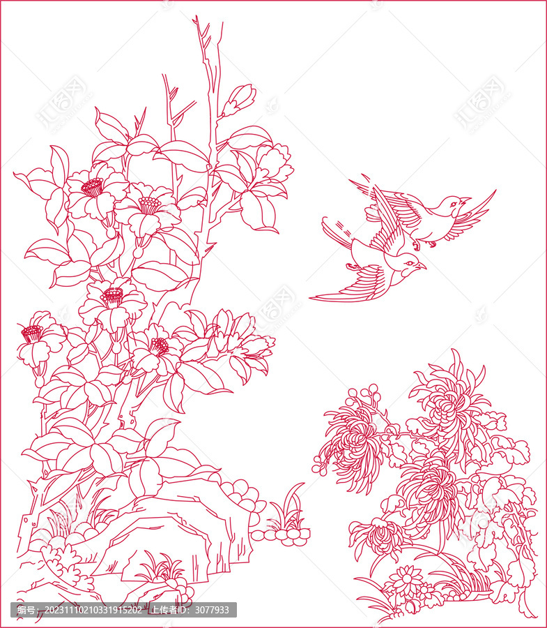 工筆菊花茶花圖