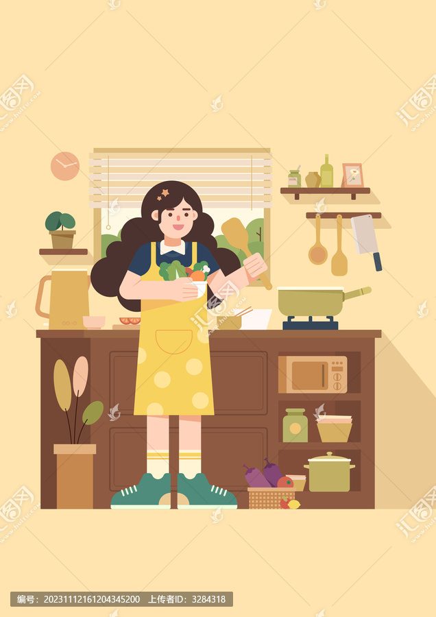 扁平风女生在厨房小场景插画