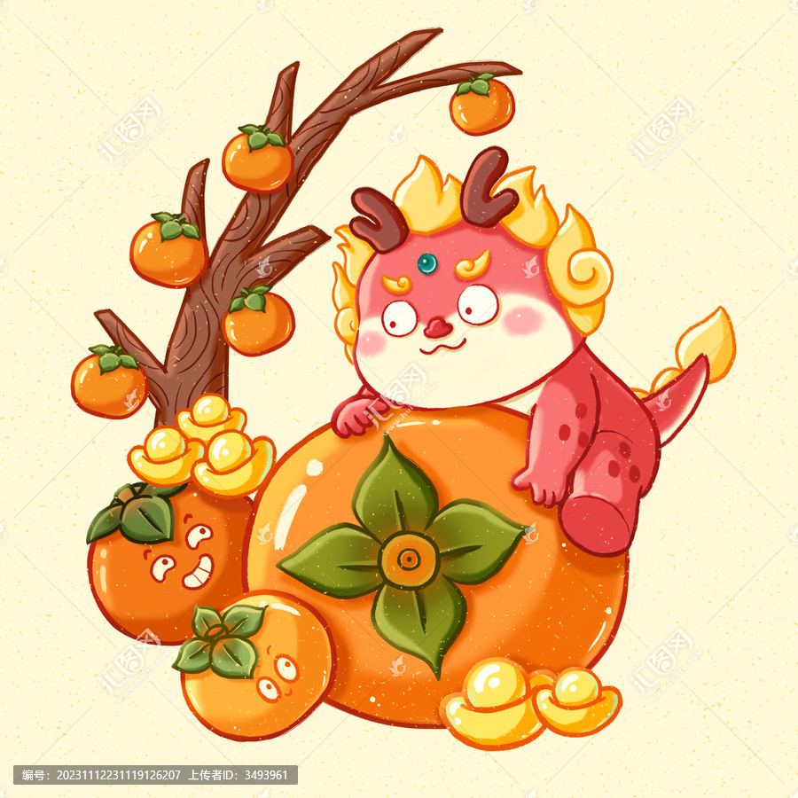 龍年素材新年插畫柿子樹