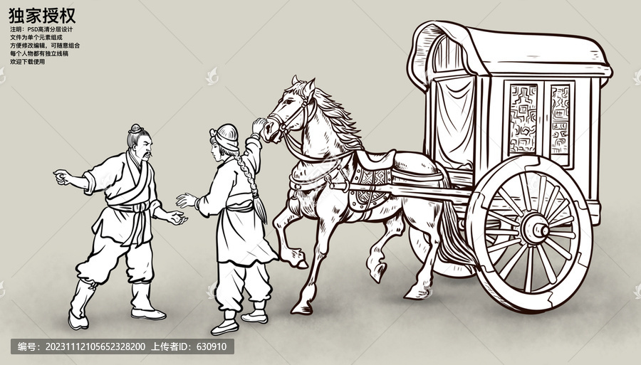 古代人物馬車(chē)線(xiàn)描圖