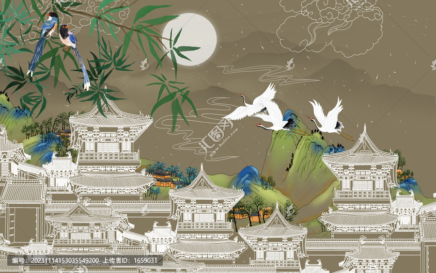 國(guó)潮山水樓閣線描插畫