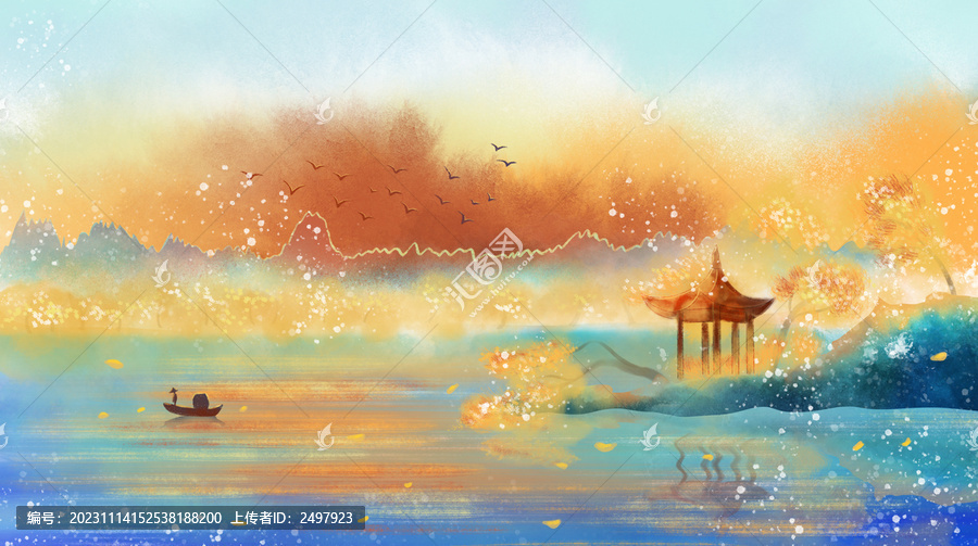 國風(fēng)水彩秋天風(fēng)景湖邊的亭子