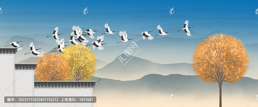 山水秋景仙鶴圖