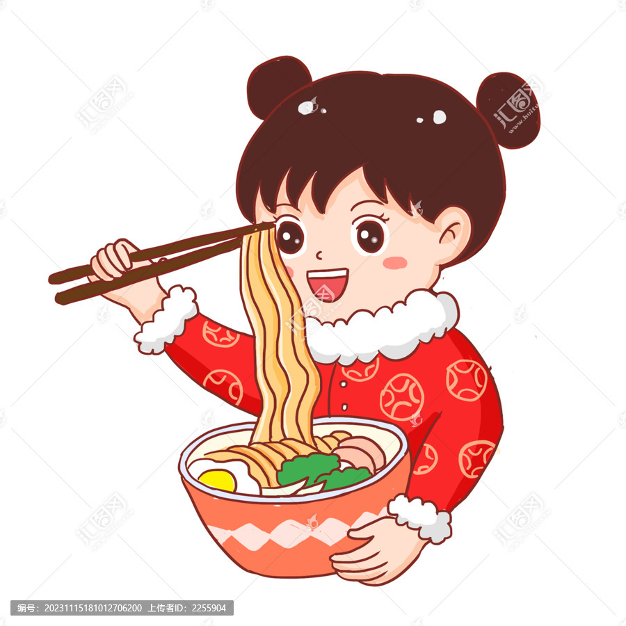 手繪卡通小孩吃面免摳元素