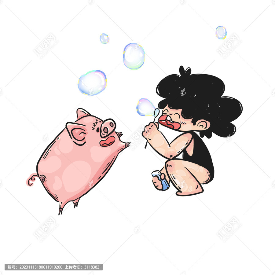 卡通兒童插畫豬豬女孩吹泡泡