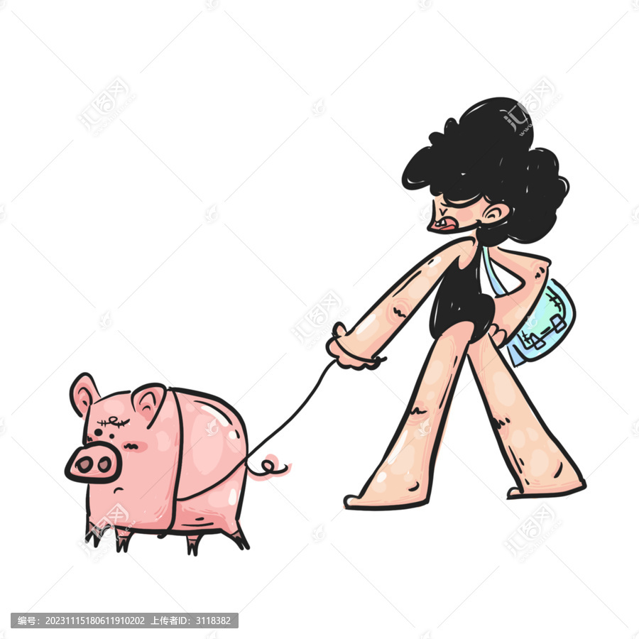 卡通儿童插画猪猪女孩逛街